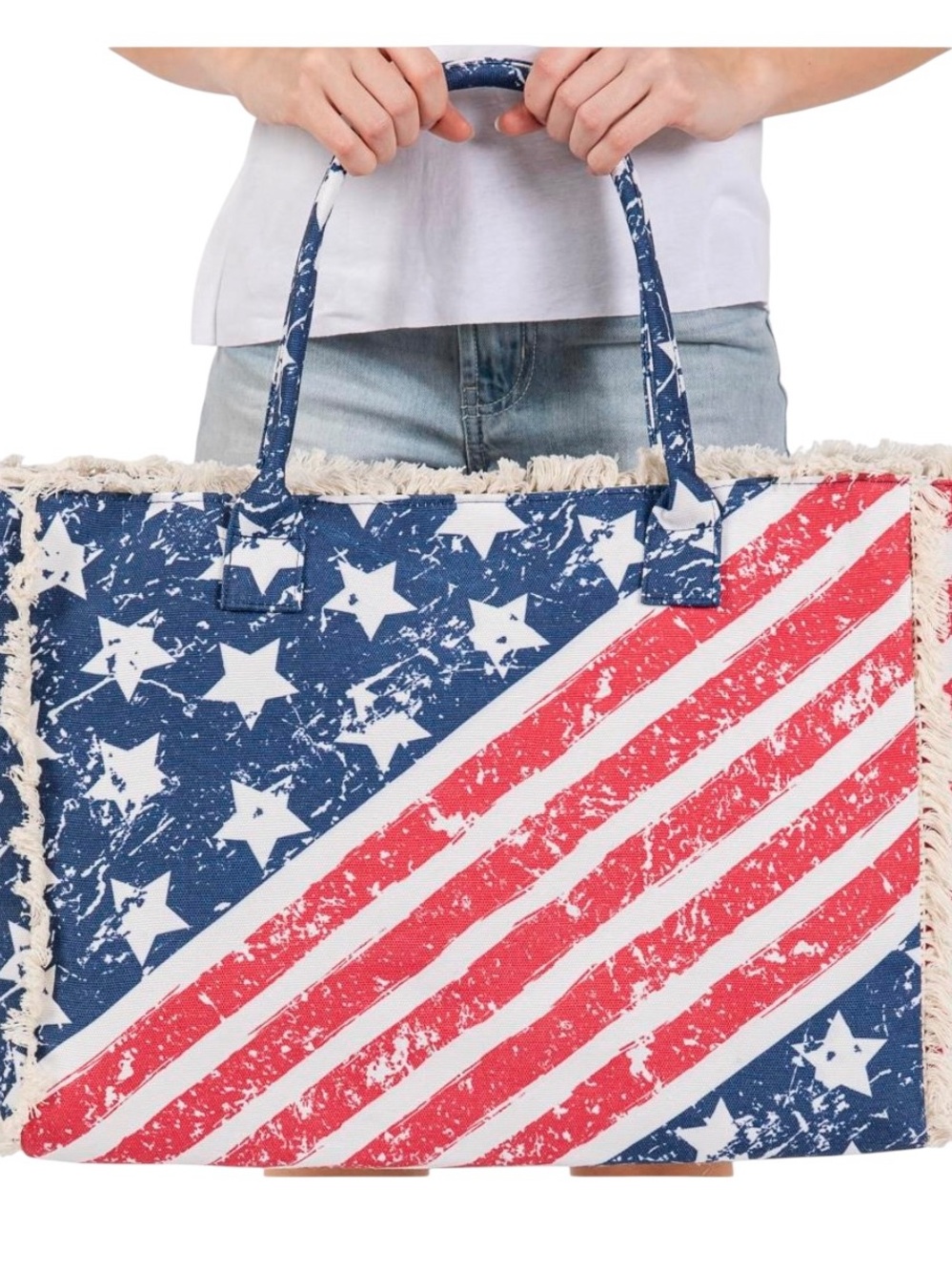 American USA Flag Patriotic July 4th Red White Blue Fringe 17.5" Tote Beach Bag